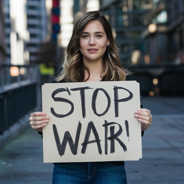 a woman holding a sign that says stop war on it