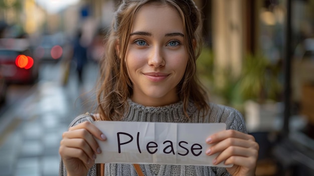 Woman Holding a Sign with the Word Please on the Street