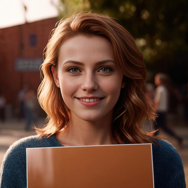 woman holding signboard smiling