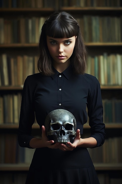 a woman holding a skull in front of a bookcase