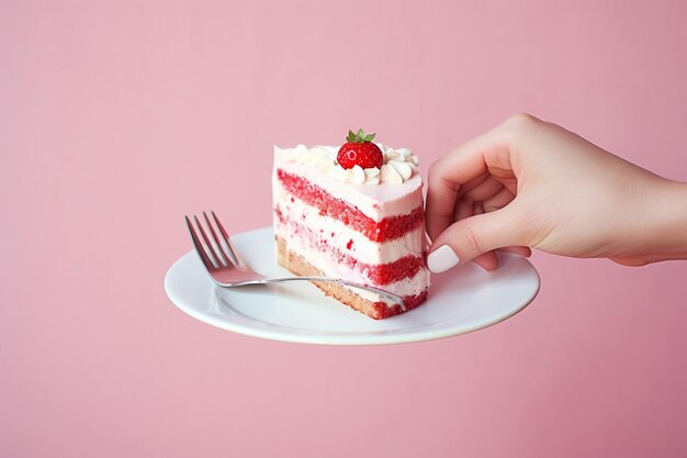 Woman holding a slice of cake with a fork