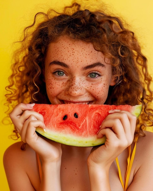 Photo a woman holding a slice of watermelon in front of her face