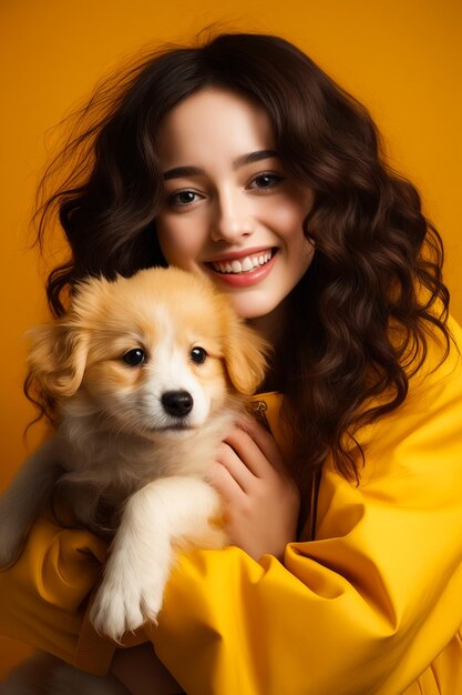 Woman holding small dog in her arms and smiling at the camera generative ai