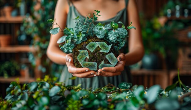 Foto donna con una piccola pianta nelle mani