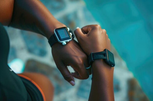 A woman holding a smart watch on her wrist Perfect for illustrating wearable technology and health tracking