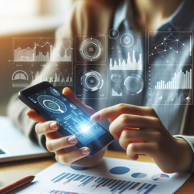 Woman holding smartphone with diagrams and charts on screen