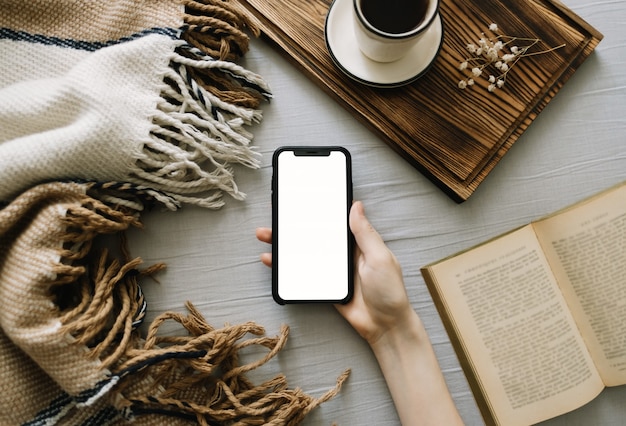 Donna che tiene uno smartphone con uno schermo bianco mock up, seduto sul letto a casa e bere caffè.