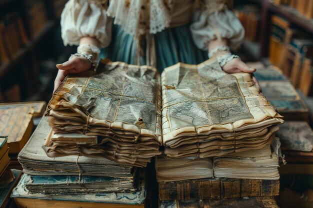 Photo woman holding stack of old books