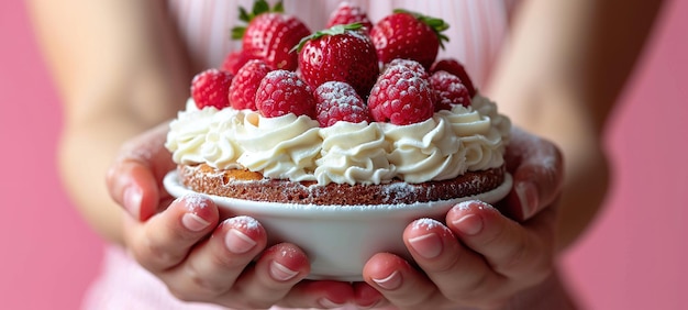 Woman holding strawberry cake on a pink background