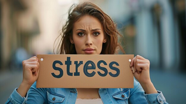 Photo woman holding a stress banner