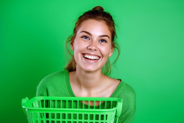 초록색 배경에 슈퍼마켓 쇼핑 바구니를 들고 있는 여성 광고 프로모션 판매 생태학 지속가능성 녹색 이니셔티브 텍스트에 대한 공간 복사 창의적인 슈퍼마ケット 쇼핑 개념