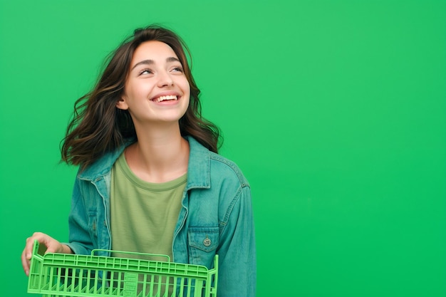 Woman holding a supermarket shopping basket on green background Advertisement promotions sale ecology sustainability green initiatives Copy space for text Creative supermarket shopping concept