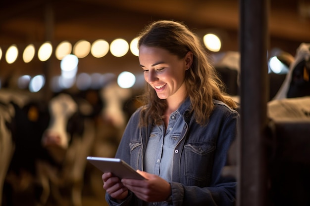 Photo woman holding a tablet to check production in a cattle farm with generative ai