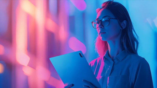 Foto una donna con un tablet di fronte a un edificio