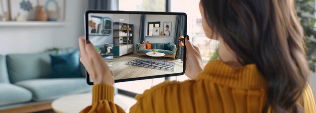 Photo a woman holding an tablet with an augmented reality interior design app on the screen showing furniture in her living room