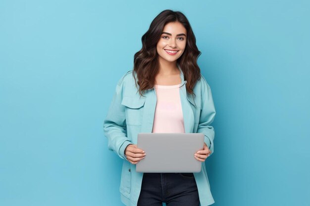 Photo a woman holding a tablet with a blue background