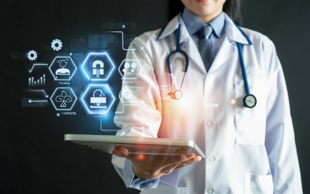 a woman holding a tablet with the words quot medical quot on it