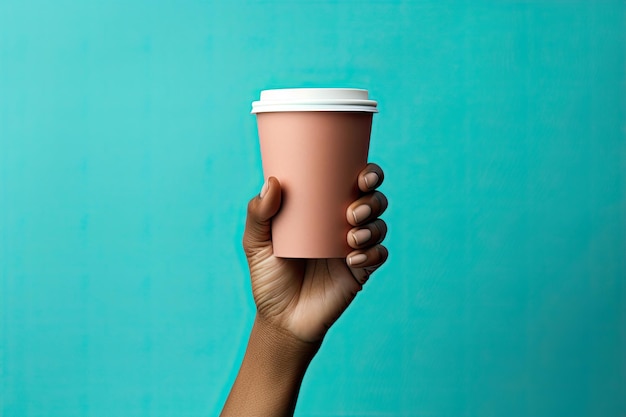 Woman holding a take away paper coffee cup on blue background Close up