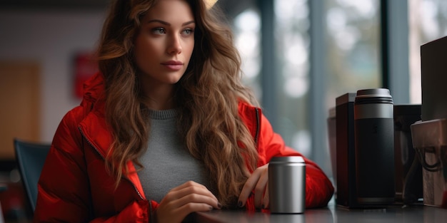 Woman holding thermos bottle at workplace