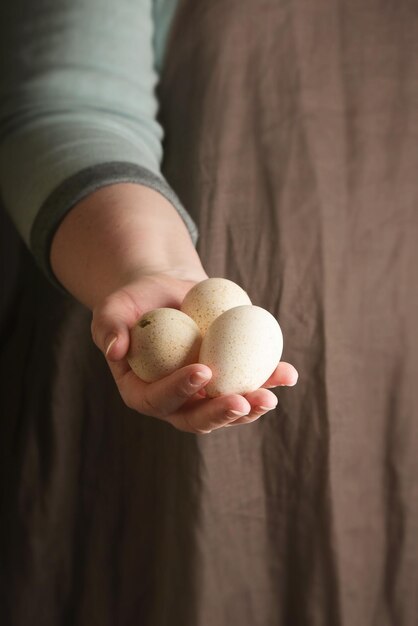 Woman holding three turkey eggs in hand Rustic style Vertical