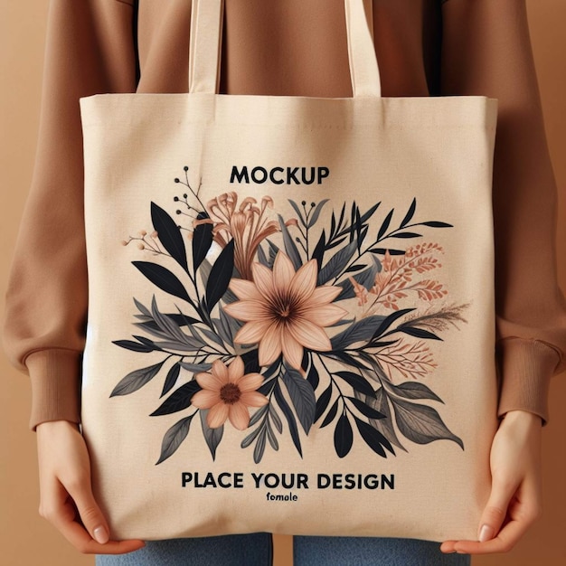 a woman holding a tote bag that says make your design