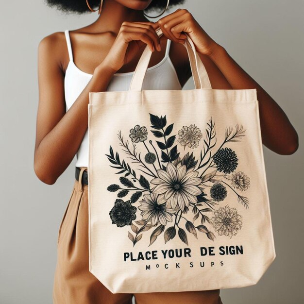 a woman holding a tote bag that says place your sign on it