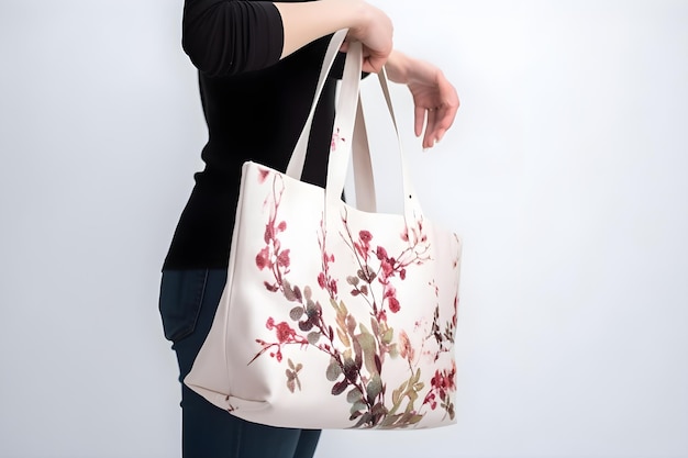 A woman holding a tote bag with a floral pattern on it.