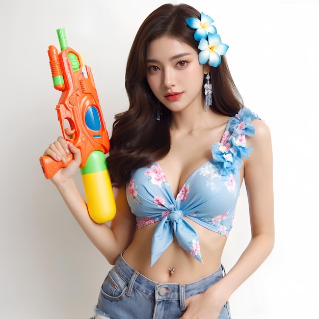 a woman holding a toy gun and a flowered hair dryer