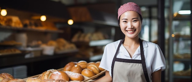 a woman holding a tray of bread in front of a bakery