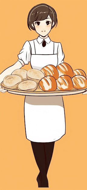A woman holding a tray of breads on an orange background.