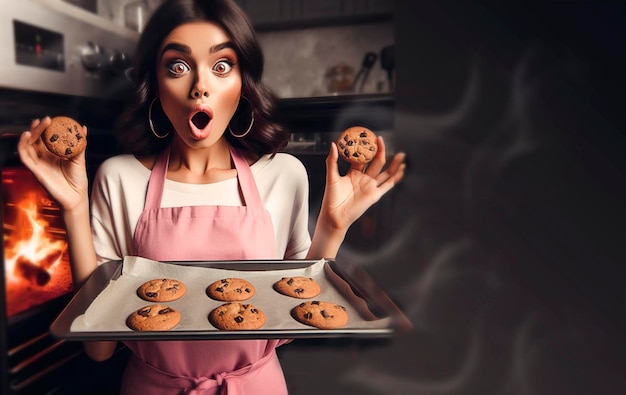 a woman holding a tray of cookies with a cookie in the background