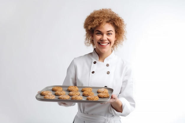 A woman holding a tray of cookies