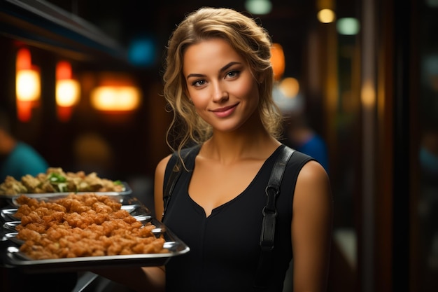 Woman holding tray of food in restaurant Generative AI