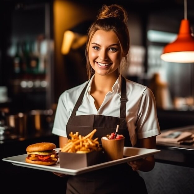 a woman holding a tray of food with a hamburger and fries.