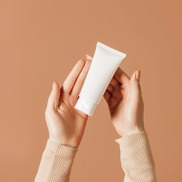 a woman holding a tube of cream in her hands