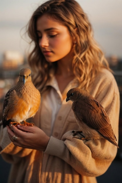 A woman holding two birds in her hands