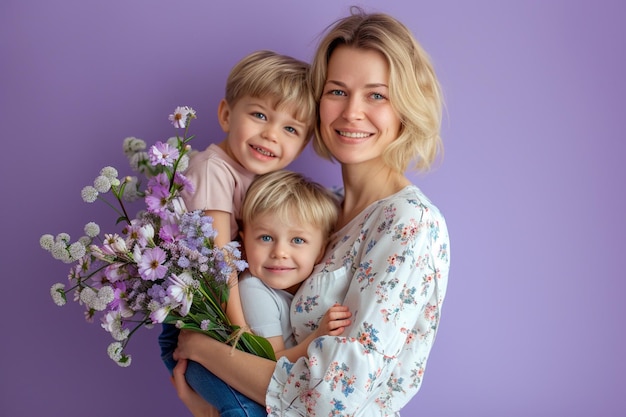 Foto a woman holding two boys and one has a bouquet of flowers