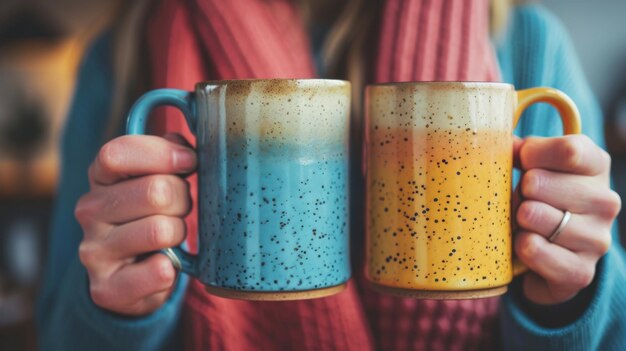 Photo woman holding two coffee mugs in her hands friendship day