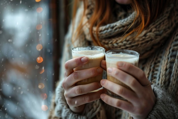 Photo woman holding two glasses of coffee