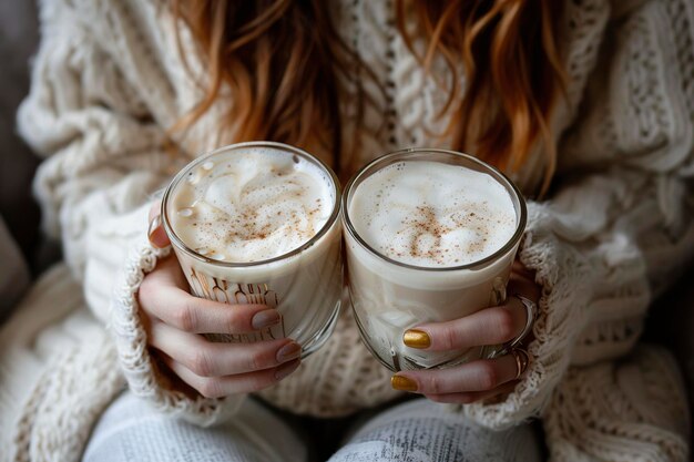 写真 コーヒーを2杯持っている女性