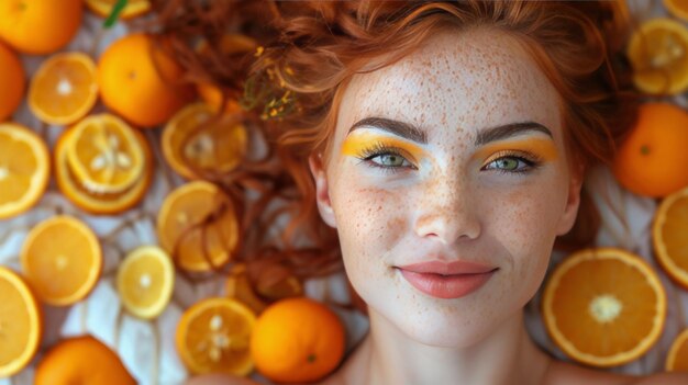 Photo woman holding two orange slices