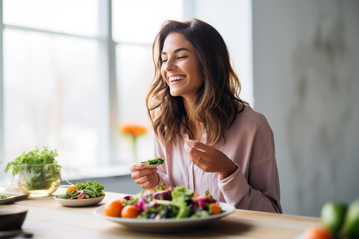 Photo a woman holding two plates of food with vegetables falling out of them a woman carrying plates