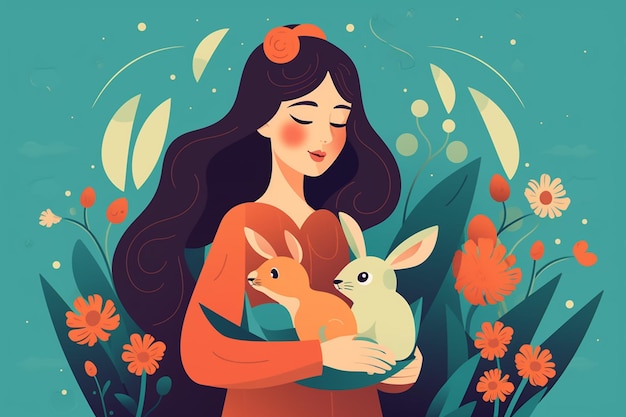 A woman holding two rabbits in a garden