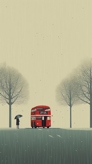 A woman holding an umbrella and a bus in the rain