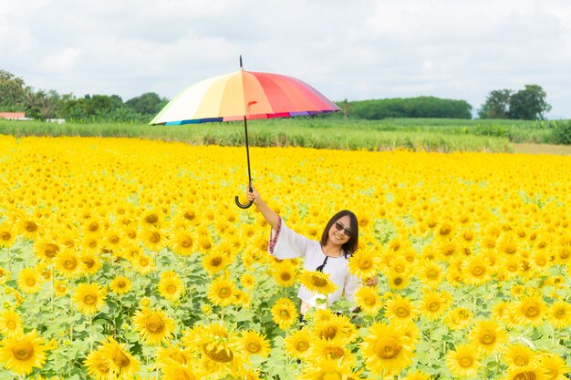 ひまわり畑で傘を持つ女性。