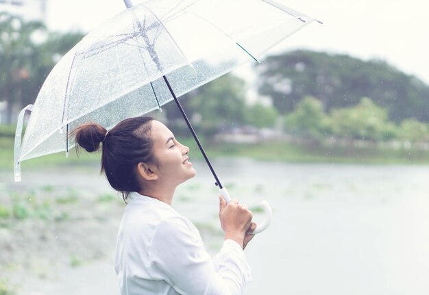 Woman holding umbrella while standing outdoors