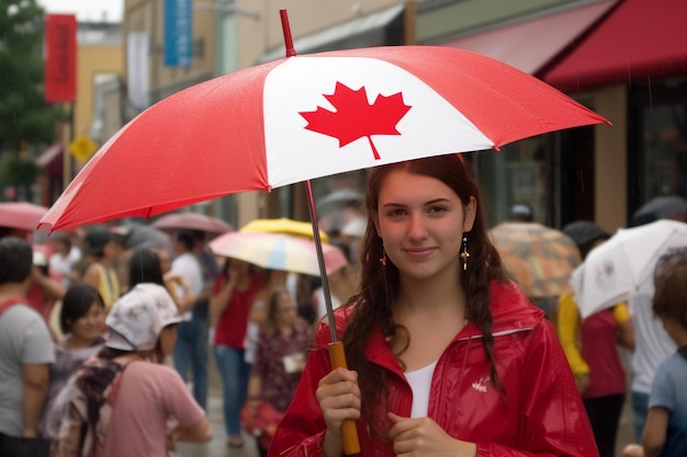 A woman holding an umbrella with a maple leaf on it.