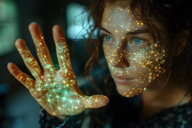 Woman Holding Up Hand With Glowing Lights Generative AI