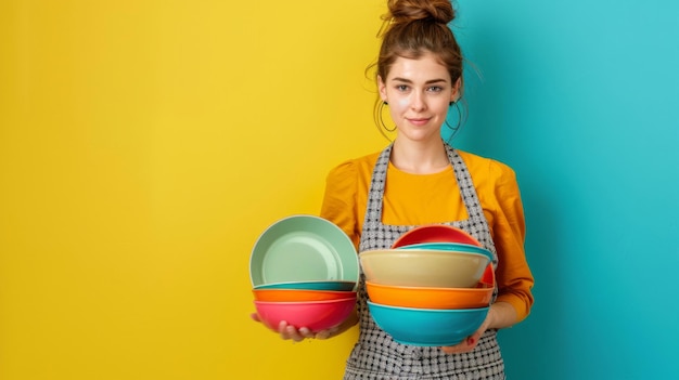 a woman holding a variety of colorful bowls in her hands