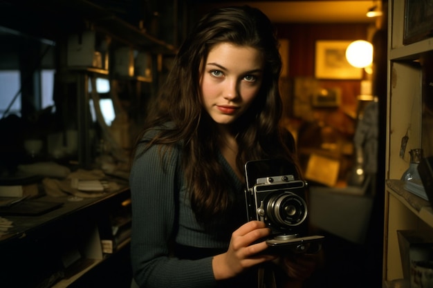 A woman holding a vintage camera in a dark room